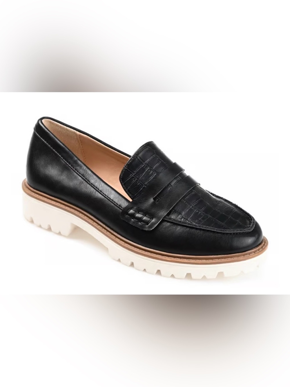 Journee Collection Black Croc-Embossed Penny Loafers White Lug Sole Women’s 6.5W